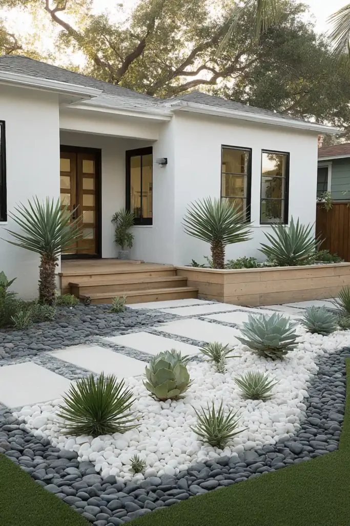 White Stone Landscaping Ideas for a Clean, Modern Outdoor Space 25 Garden with white and dark gravel arranged in a modern pattern