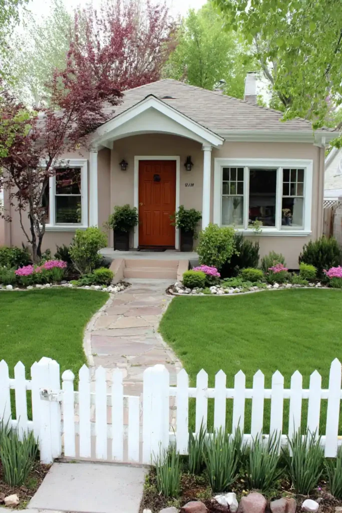 white picket fence with a red front door and simple landscaping