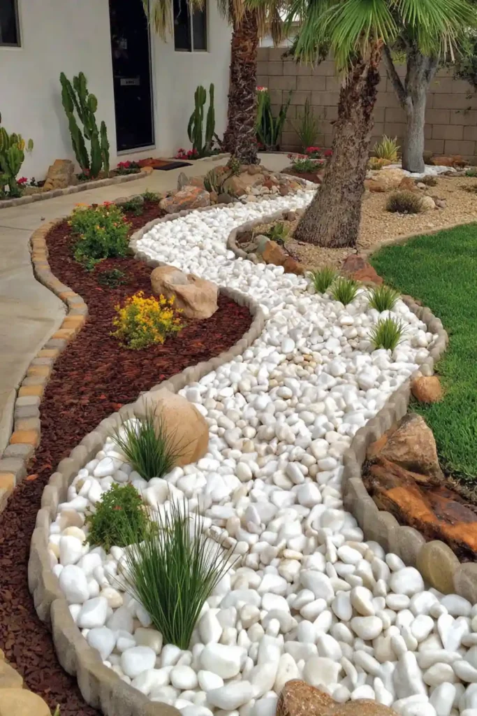 Curved dry creek made of white pebbles creating a natural flow effect in a backyard