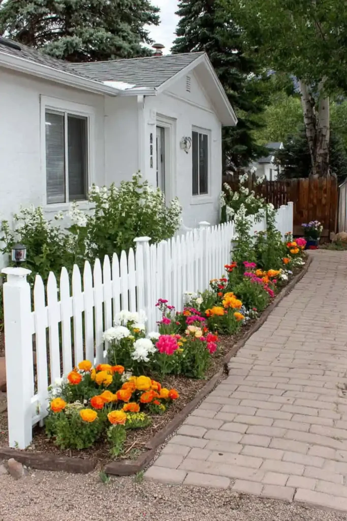 white picket fence with a colorful flower border in a modest front yard