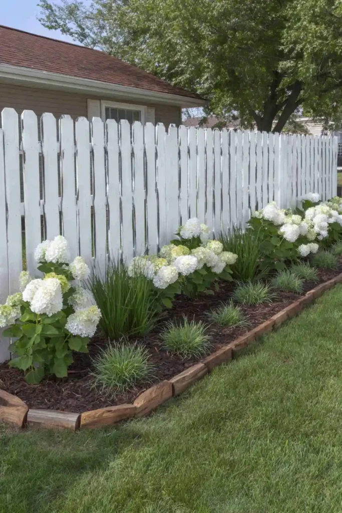 33 Privacy Fence Ideas That Make Your Yard Feel More Peaceful 18 White shadow box fence with alternating boards and hydrangea plants along the base