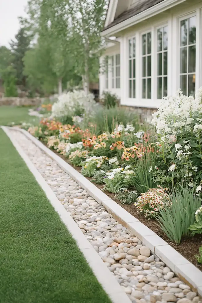 White Stone Landscaping Ideas for a Clean, Modern Outdoor Space 8 Flowerbed edged with white gravel highlighting colorful plants
