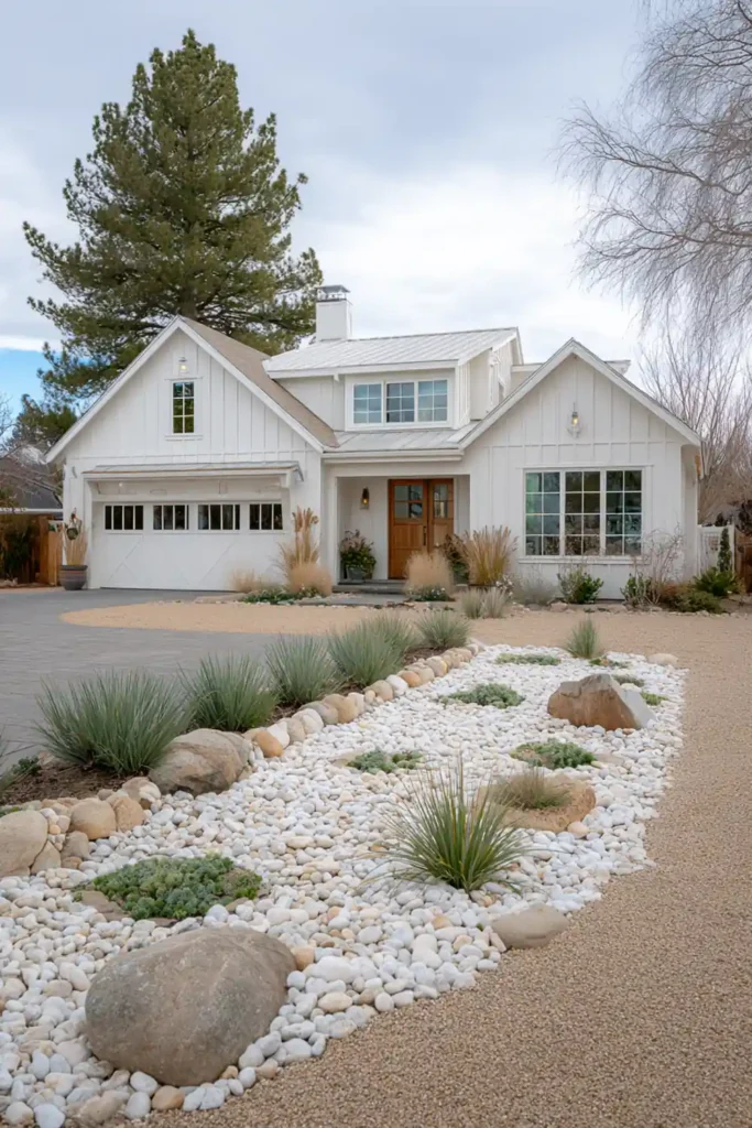 White Stone Landscaping Ideas for a Clean, Modern Outdoor Space 26 Driveway with white gravel edging creating strong contrast