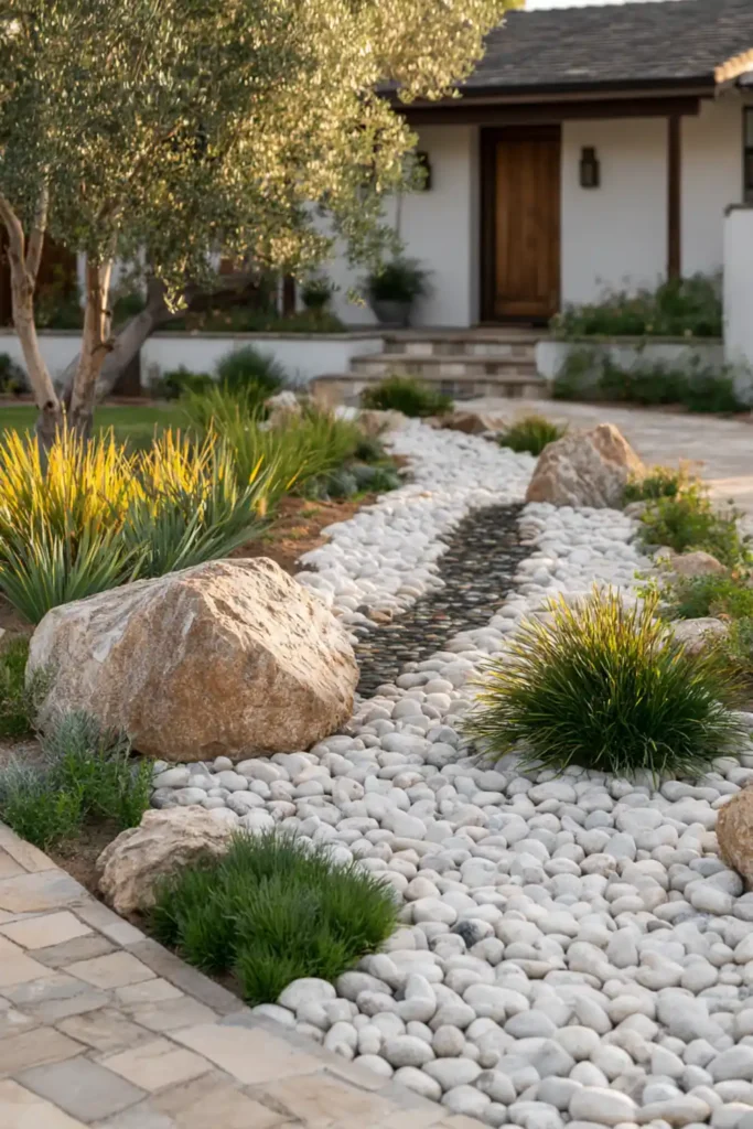White Stone Landscaping Ideas for a Clean, Modern Outdoor Space 11 Dry stream bed made of white stones in a backyard garden