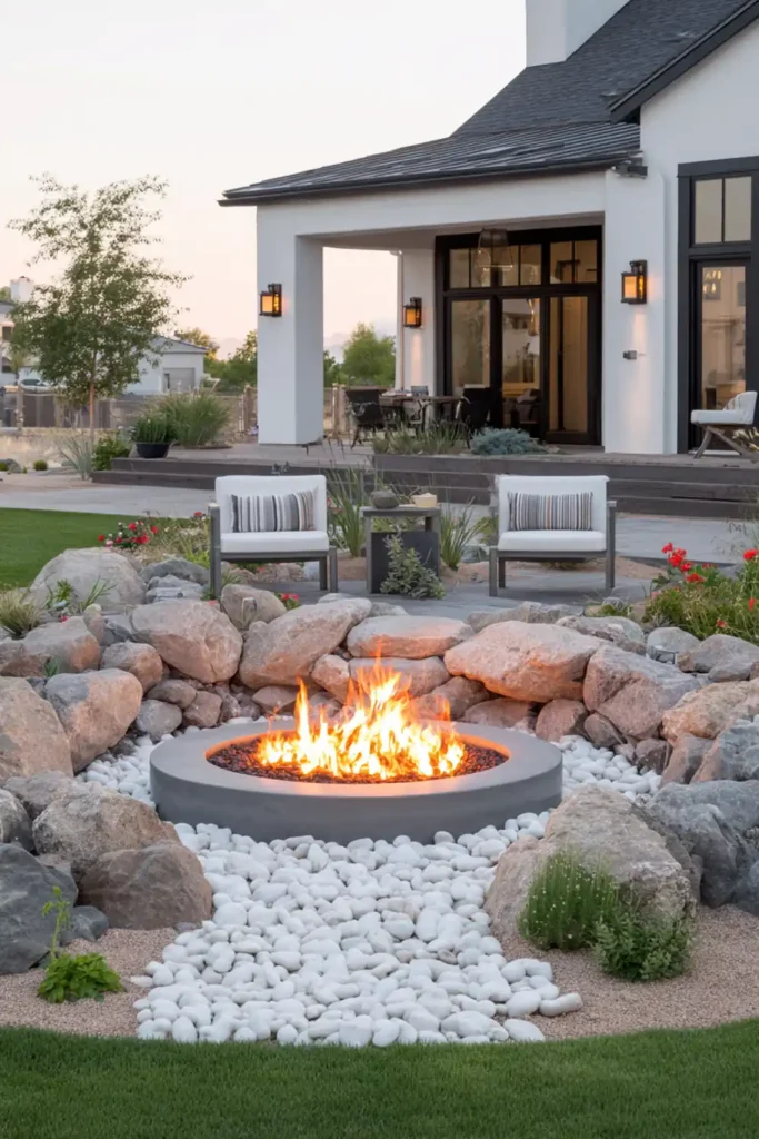 White Stone Landscaping Ideas for a Clean, Modern Outdoor Space 15 Fire pit area surrounded by white gravel with seating