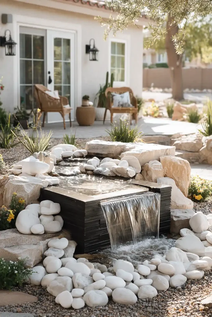 White Stone Landscaping Ideas for a Clean, Modern Outdoor Space 12 Small fountain surrounded by layered white stones in a garden