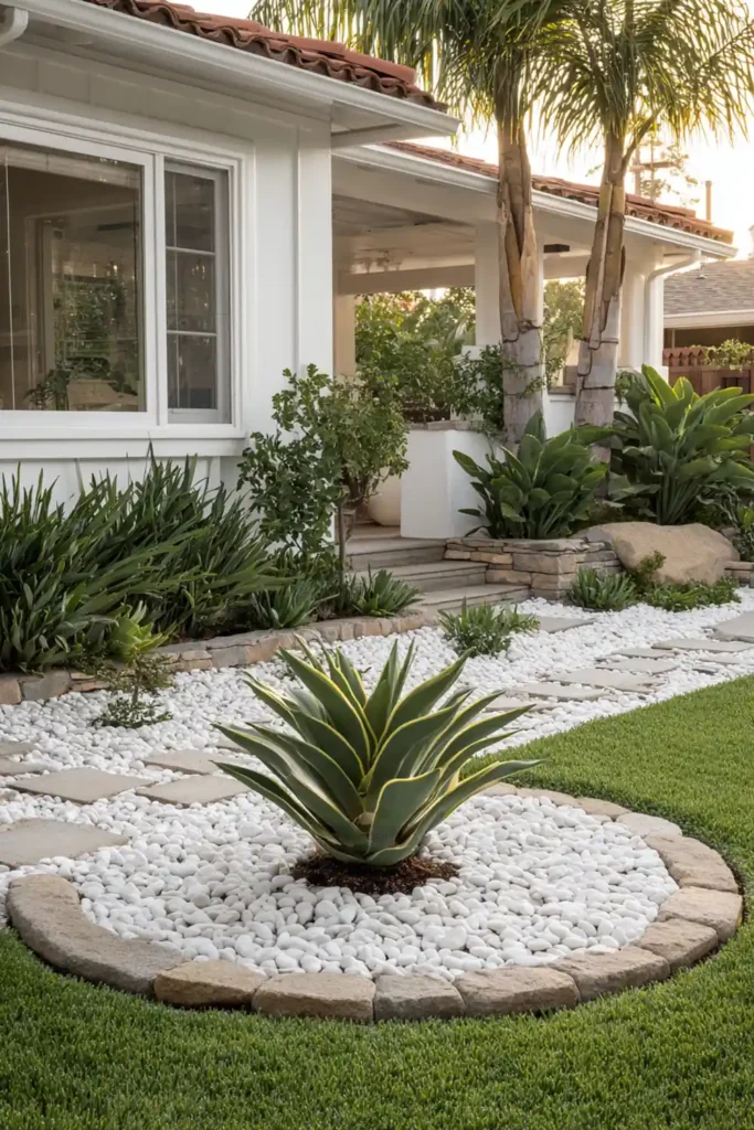 White Stone Landscaping Ideas for a Clean, Modern Outdoor Space 23 Small white gravel island in a lawn with a plant in the center