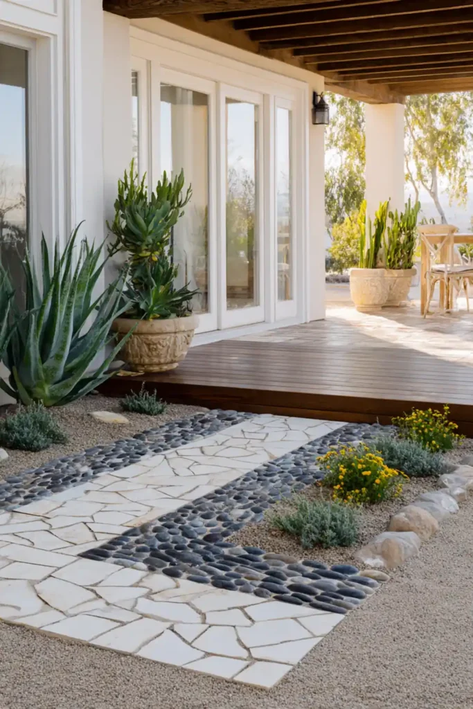 White Stone Landscaping Ideas for a Clean, Modern Outdoor Space 20 Garden ground with spiral mosaic pattern made of white and dark stones