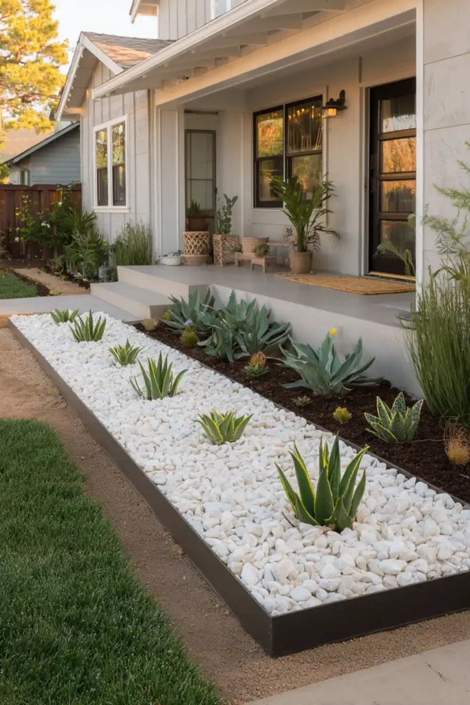 White Stone Landscaping Ideas for a Clean, Modern Outdoor Space 22 Garden bed with white gravel used as mulch around plants