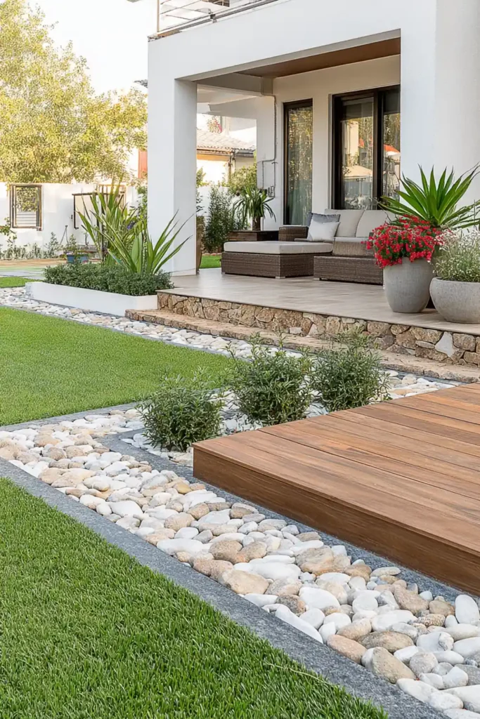 White Stone Landscaping Ideas for a Clean, Modern Outdoor Space 24 Geometric white stone section set into grass creating negative space design