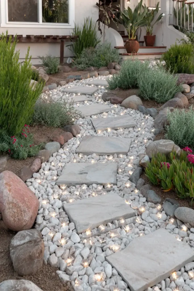 White Stone Landscaping Ideas for a Clean, Modern Outdoor Space 29 White gravel path with solar lights creating soft evening lighting