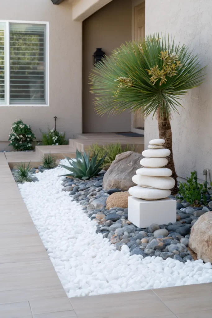 White Stone Landscaping Ideas for a Clean, Modern Outdoor Space 21 Stacked white stone sculpture in a minimalist garden setting