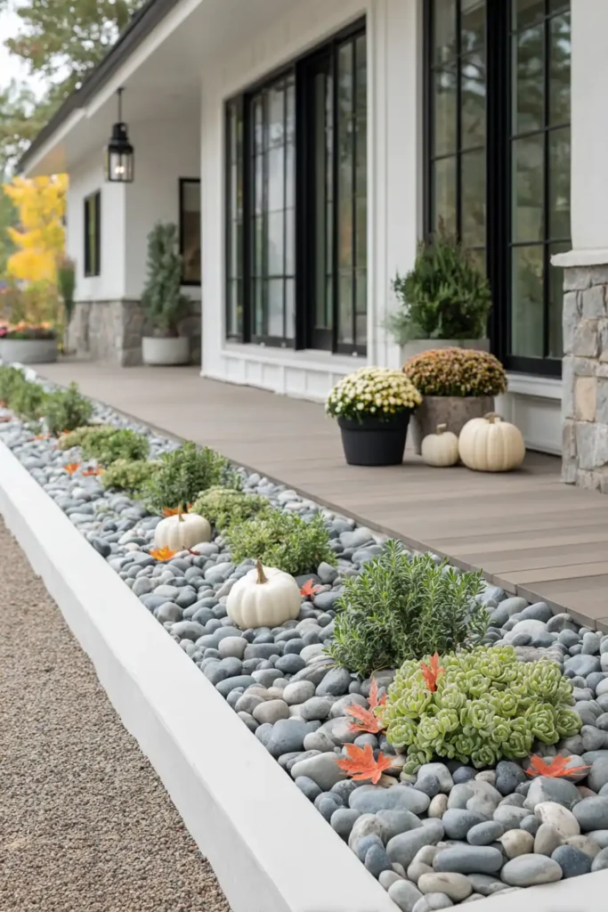 White Stone Landscaping Ideas for a Clean, Modern Outdoor Space 31 White gravel garden styled with autumn pumpkins and leaves