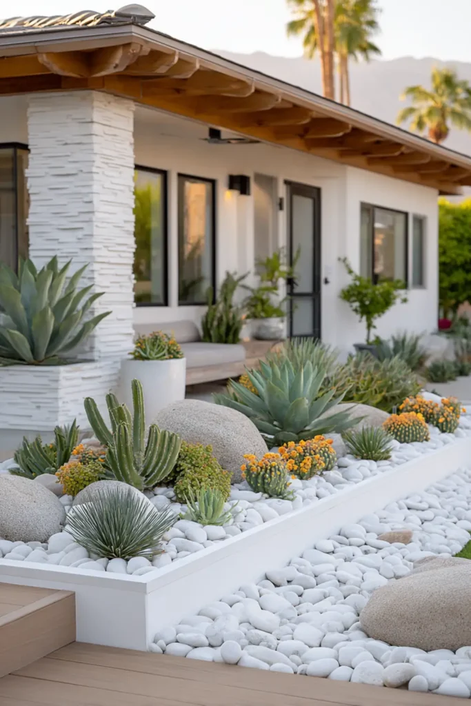 White Stone Landscaping Ideas for a Clean, Modern Outdoor Space 17 Succulent and cactus garden with white gravel base