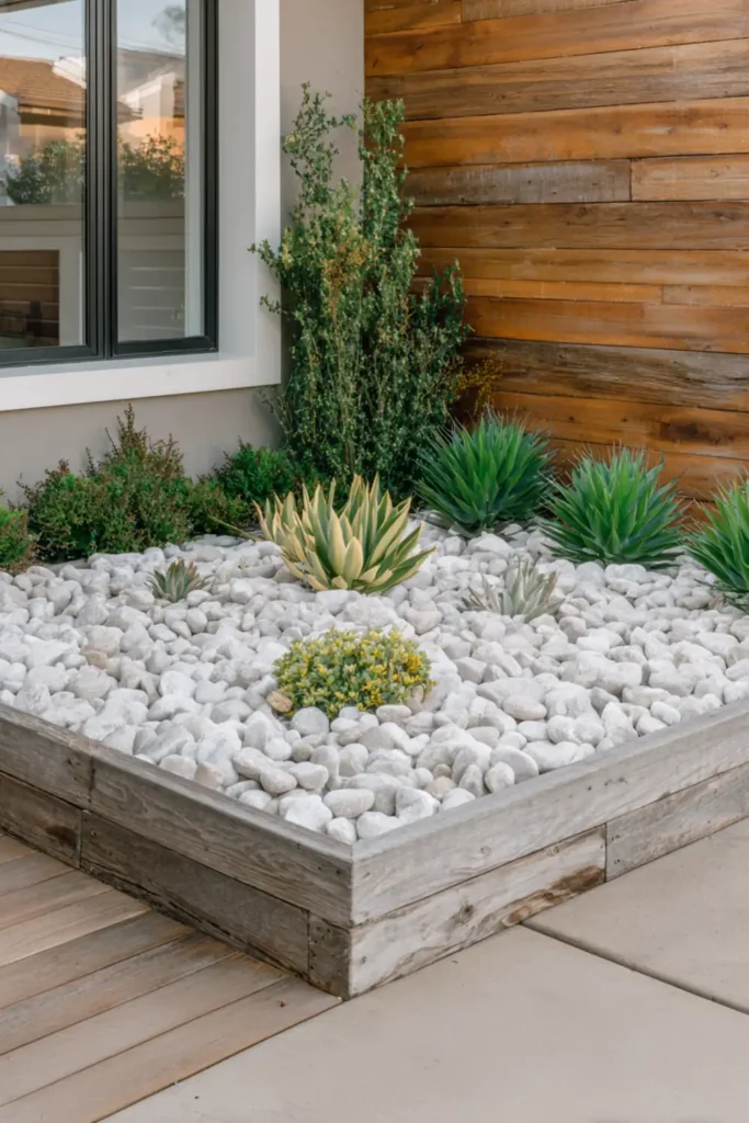 White Stone Landscaping Ideas for a Clean, Modern Outdoor Space 10 White gravel garden bed with wooden edging creating clean lines