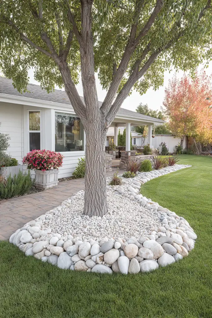 White Stone Landscaping Ideas for a Clean, Modern Outdoor Space 9 Tree base surrounded by a circular white stone border in a garden