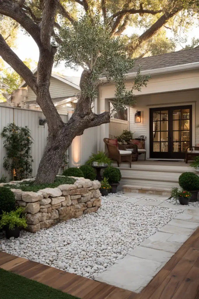 White Stone Landscaping Ideas for a Clean, Modern Outdoor Space 30 Tree highlighted with uplighting and surrounded by white gravel