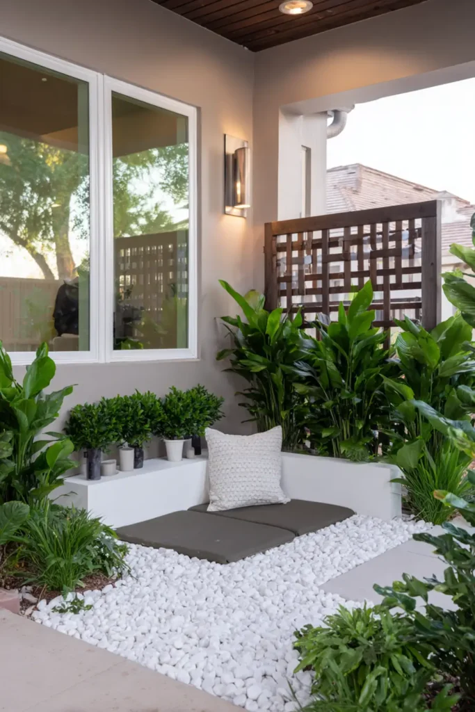 White Stone Landscaping Ideas for a Clean, Modern Outdoor Space 27 Backyard yoga space with white gravel and bamboo screen
