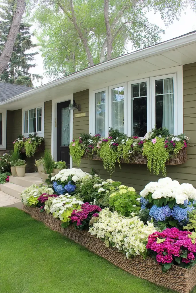 window boxes with cascading flowers on a modest home exterior
