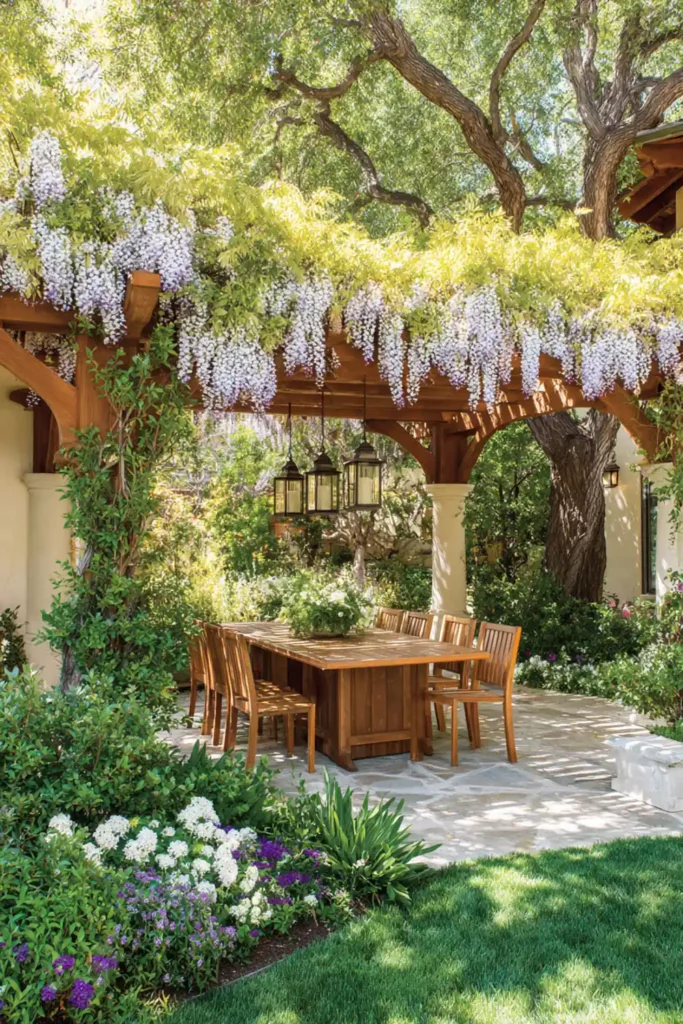 outdoor dining table under a pergola covered with blooming wisteria vines