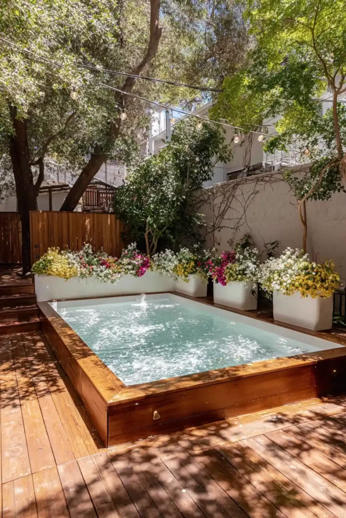 Wooden deck around above-ground pool with large planters filled with colorful flowers