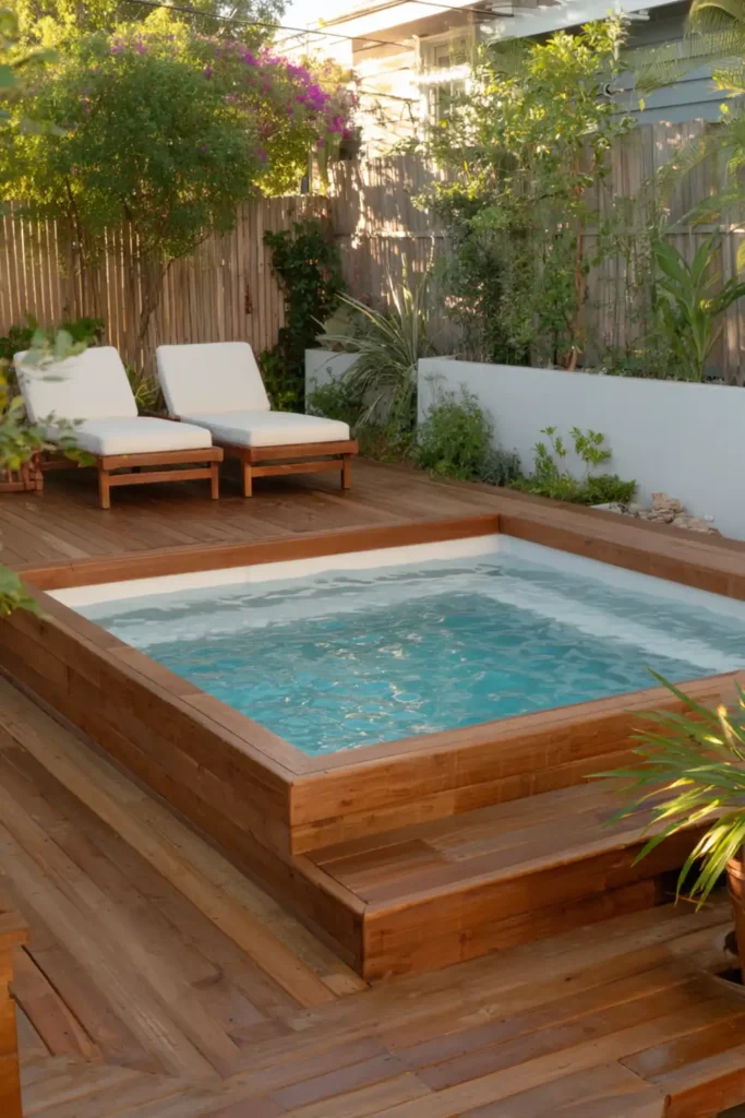 Above Ground Pool Retaining Wall Ideas That Make Your Backyard Feel Finished 6 Wooden deck connected to a retaining wall beside an above ground pool with two lounge chairs