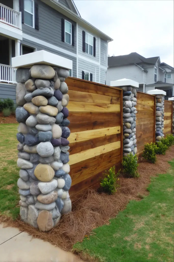 33 Privacy Fence Ideas That Make Your Yard Feel More Peaceful 24 Horizontal wood fence anchored by large stone columns in a landscaped backyard