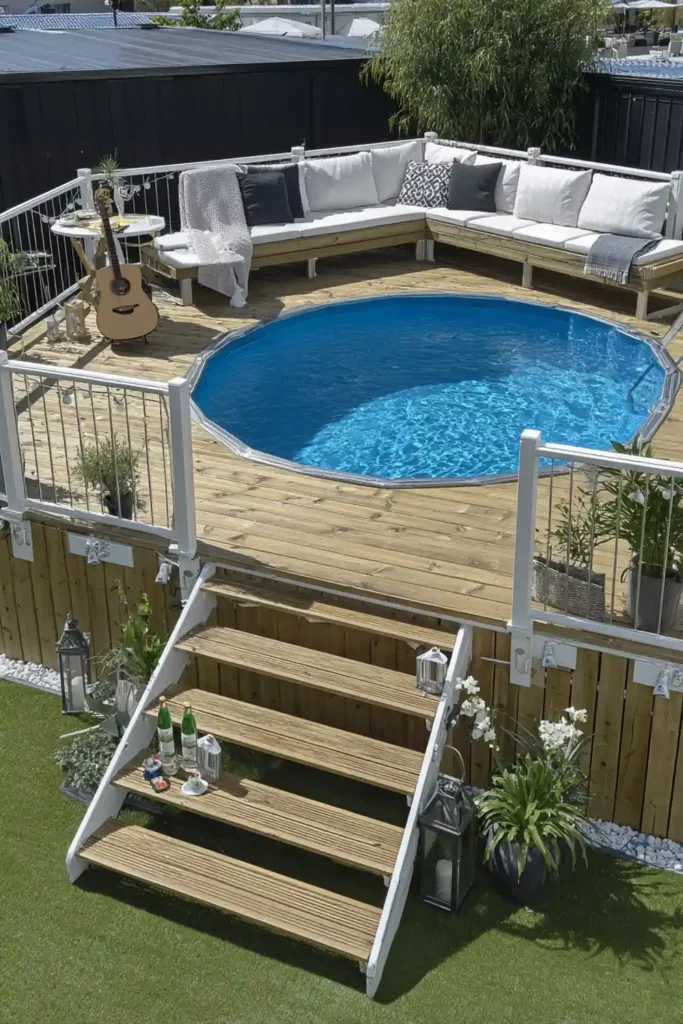 above ground pool with large wraparound wooden deck and built-in seating