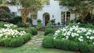 Yard Landscaping Ideas front yard landscaping with stone path, manicured hedges, and flowering garden around a white home