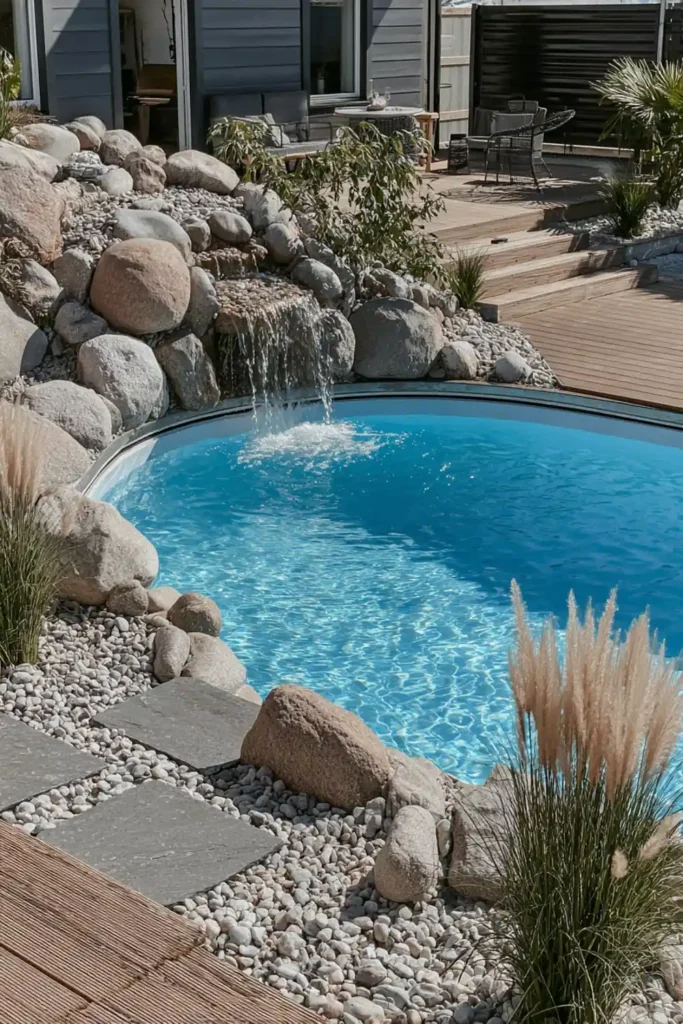 above ground pool surrounded by river stones and a small waterfall in a zen garden