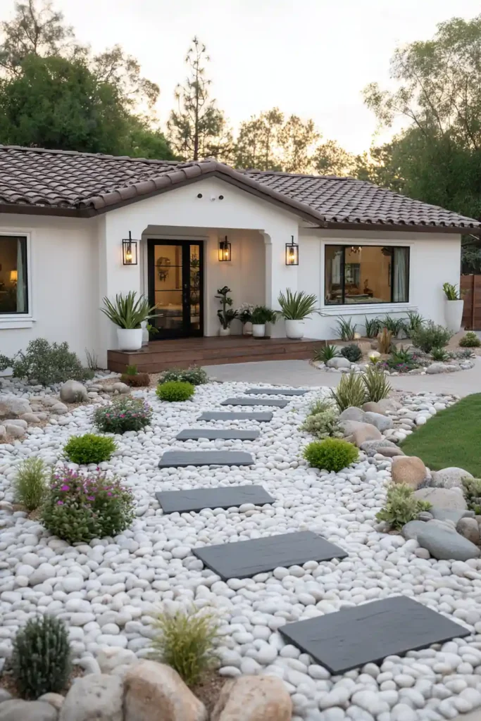White Stone Landscaping Ideas for a Clean, Modern Outdoor Space 2 Zen-style white pebble pathway with dark stepping stones at a home entrance