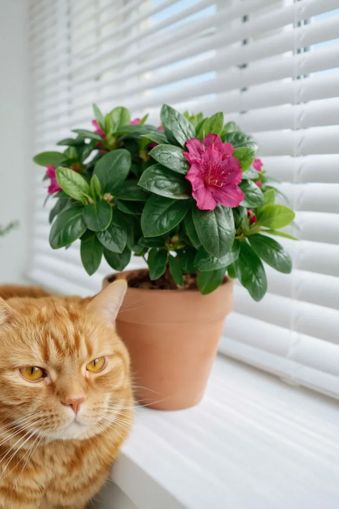 Azalea plant with pink-red flowers in a terracotta pot on a white windowsill.