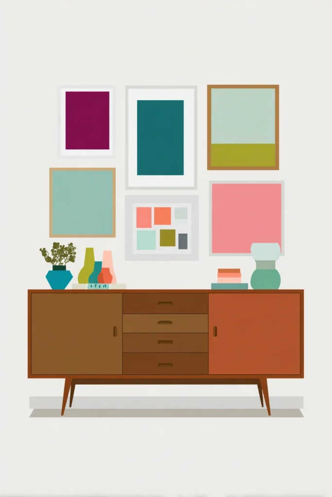 Brown credenza with seven colorful wall art pieces arranged around a straight horizontal line in a baseline gallery wall layout.