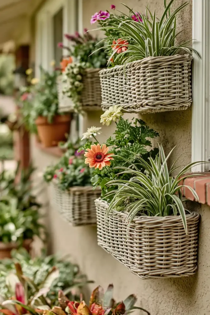 Woven baskets mounted vertically on a wall as planters with greenery and flowers