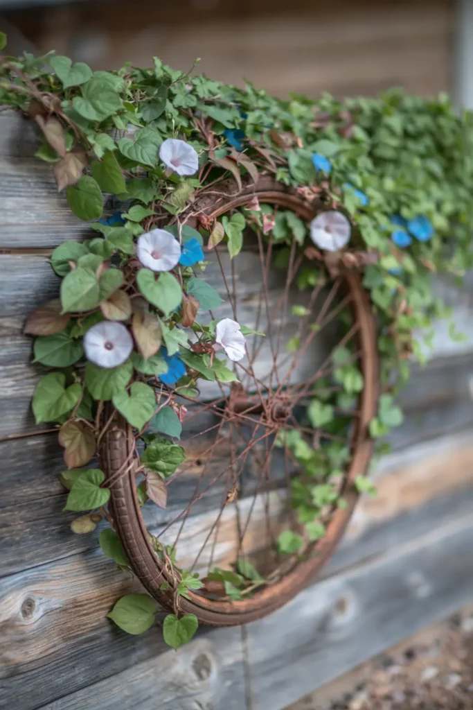 Old bicycle wheel trellis with climbing vines and pale purple morning glories on a weathered fence
