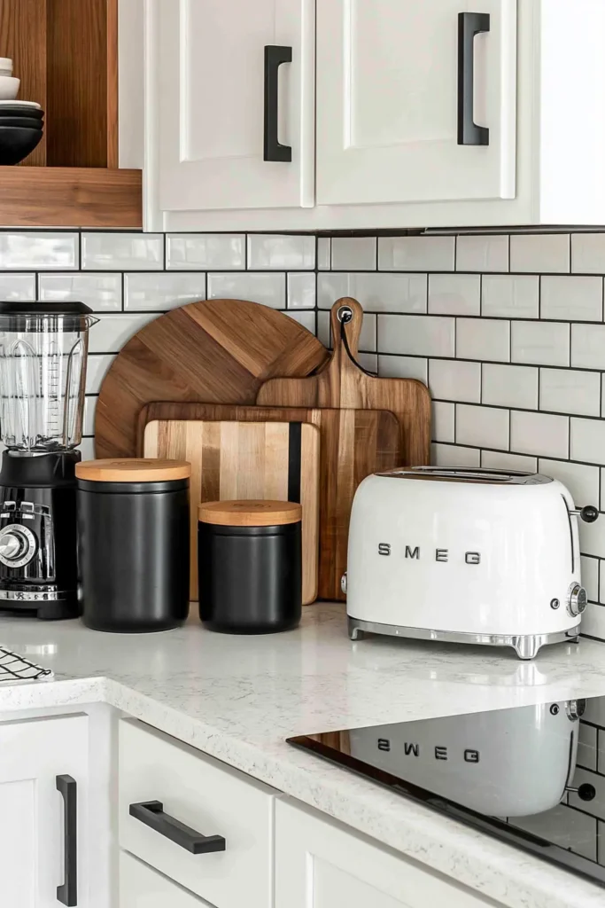 Black blender tucked into a kitchen counter corner beside black canisters, wooden cutting boards, and a white Smeg toaster.