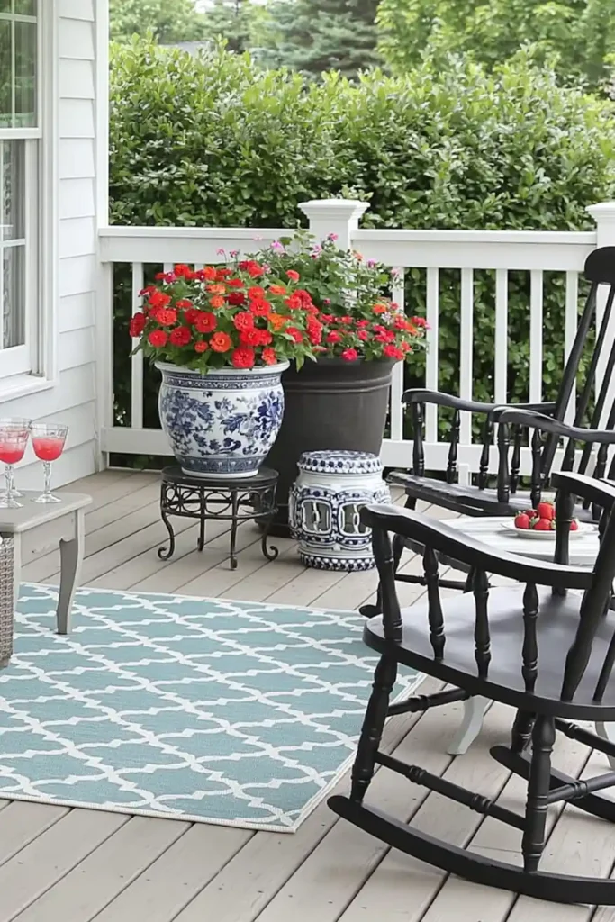 Blue and white ceramic porch planter with red flowers beside black rocking chairs and a bright blue rug.
