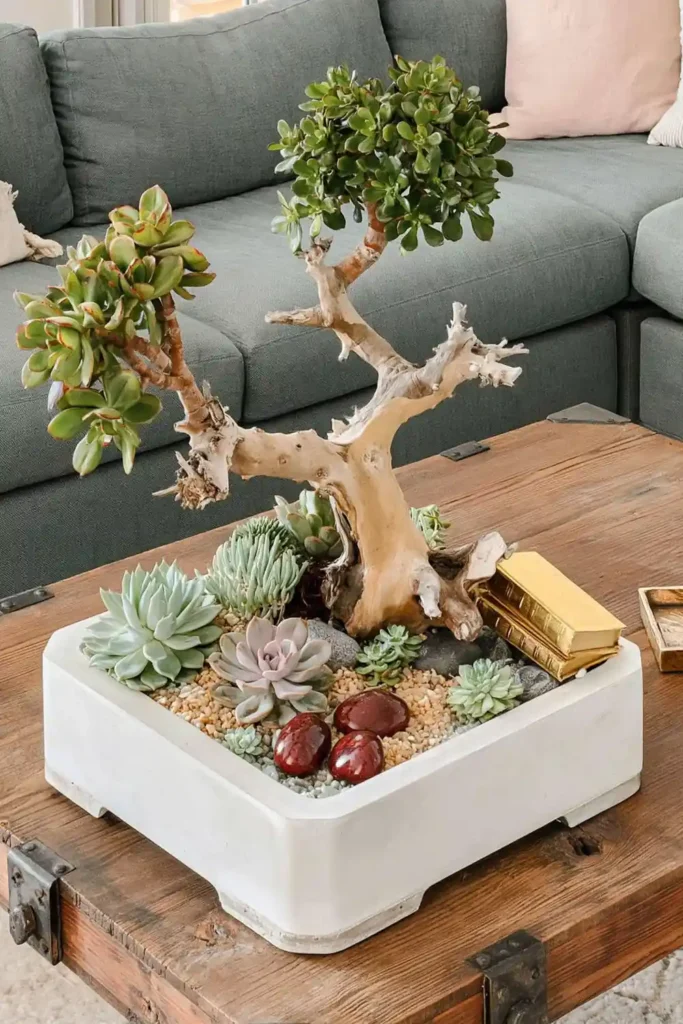 Square concrete planter with a sculptural bonsai branch, succulents, gravel, and red stones on a wooden coffee table.