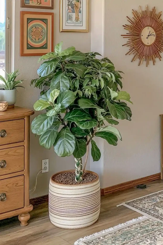 Large glossy braided Pachira in a striped woven basket below colorful framed artwork in a warm indoor corner.