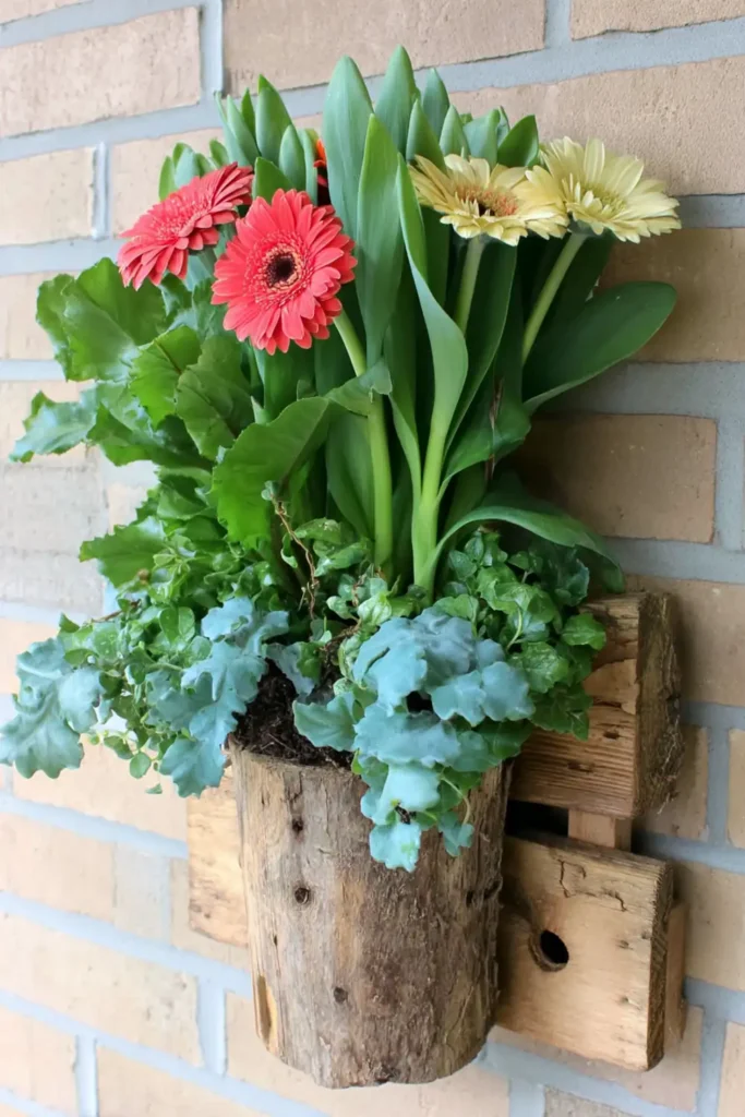 Brick wall hanging pallet planter with bright flowers and trailing greenery