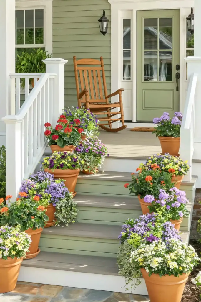 Sunny porch steps lined with terracotta pots of red geraniums and mixed flowers beside a wooden rocking chair