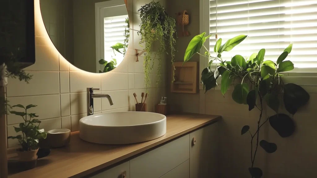 8 Windowless Bathroom Plant Decor Ideas That Actually Work 10 Warm inviting windowless bathroom with soft amber light and greenery styled as a closing scene