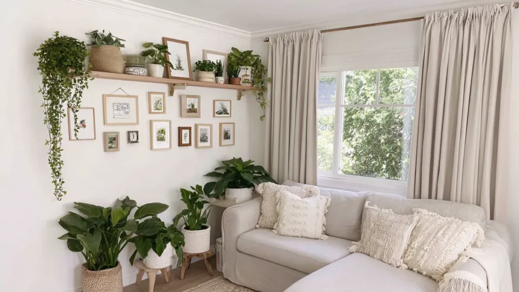 Plant Aesthetic Interior Decorating Ideas for a Fresh Home 8 Soft plant-filled interior with pale tones, trailing greenery, and natural textures creating a warm finished look at home.