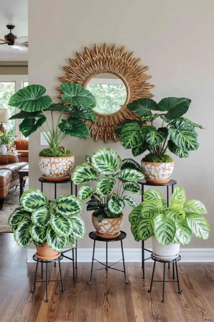 Patterned leafy plants in terracotta pots displayed on slim black metal stands in a warm living room.