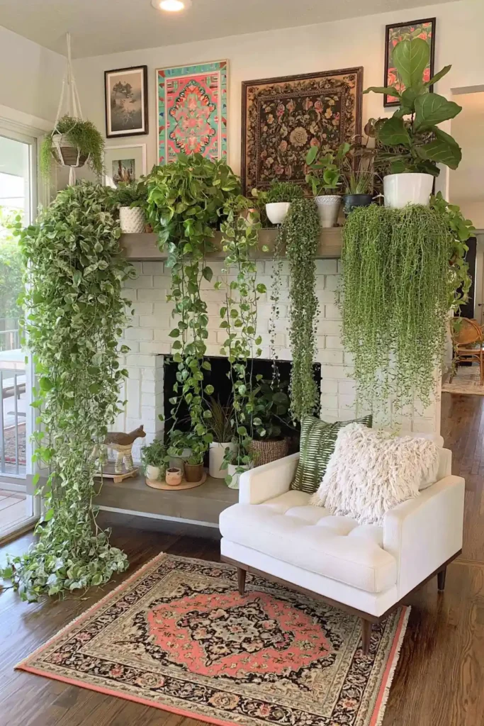Cascading pothos vines and trailing plants arranged on a floating shelf beneath colorful wall artwork.