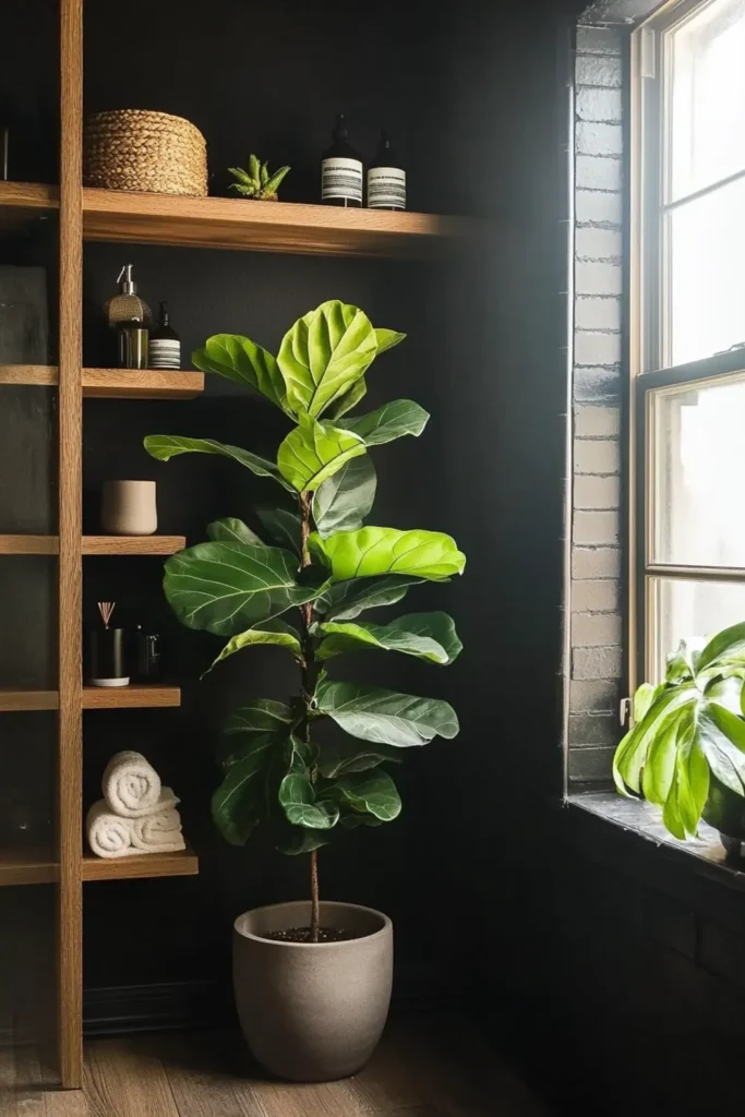 8 Windowless Bathroom Plant Decor Ideas That Actually Work 5 Windowless bathroom corner with a broad-leaf plant on the floor beside floating shelves