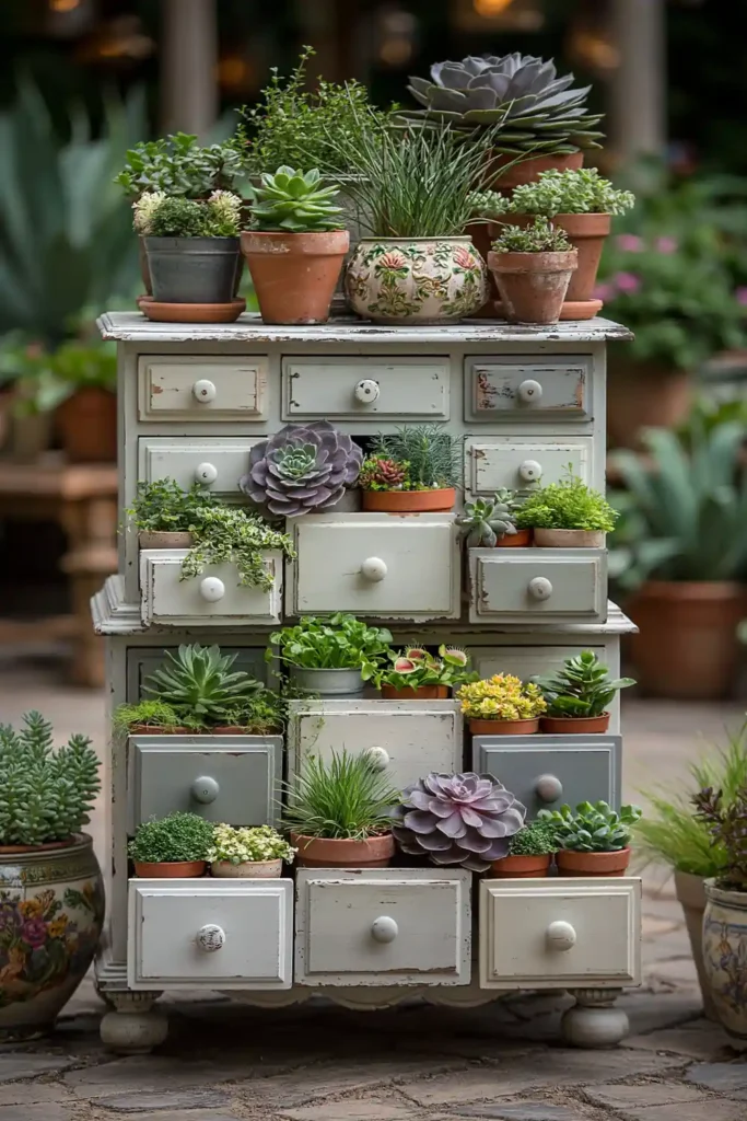 Old chest of drawers outdoors with open drawers holding potted plants and greenery