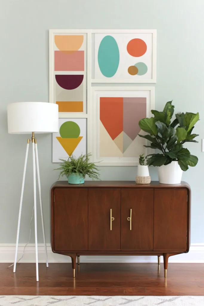 Brown credenza with a staggered gallery wall, a white tripod lamp, and a white potted plant beneath the artwork.