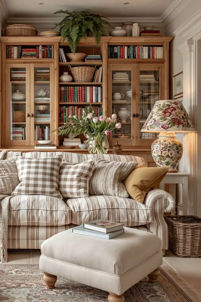 Collected cottagecore living room with striped sofa, tall wooden bookshelves, books, baskets, ceramics, fern, tulips, floral lamp, and patterned rug.