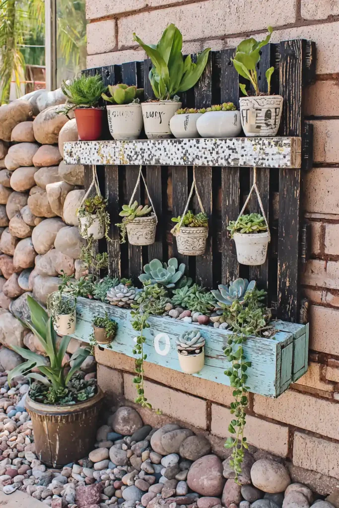 Turquoise pallet succulent garden with small pots in front of a stone wall